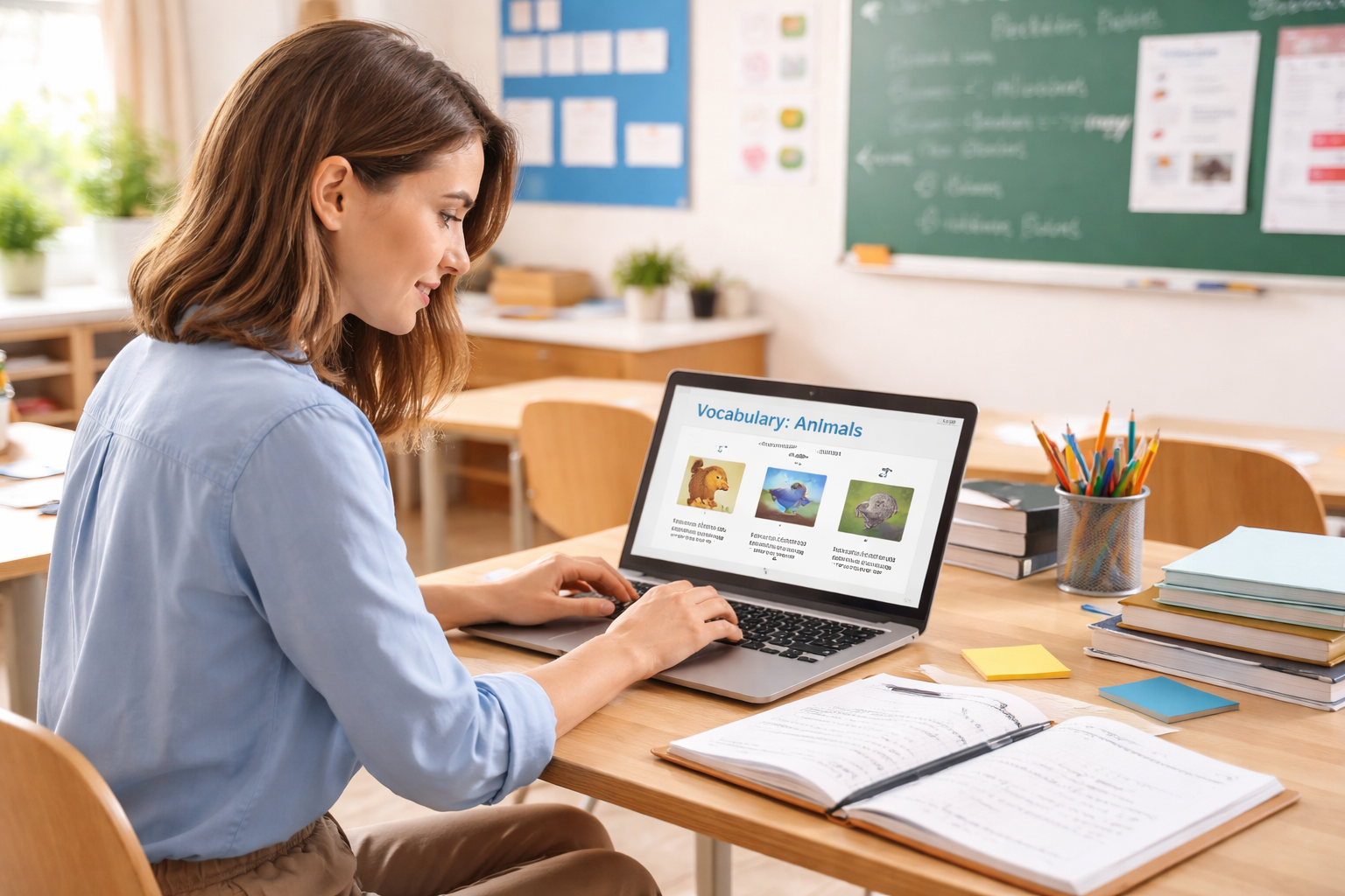 A teacher viewing an AI-generated vocabulary slide created by Teacher Assistant, open on a laptop in a classroom